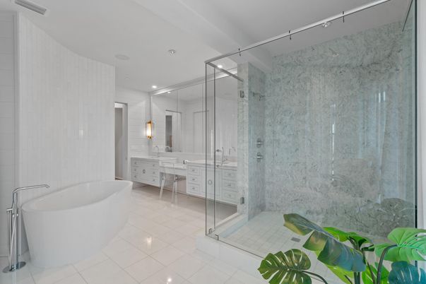 Bathroom, Dual Sink Vanities, Free Standing Baths, Glass Shower, Interior, Recessed Lighting