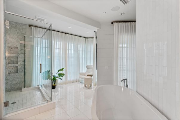 Bathroom, Free Standing Baths, Glass Shower, Interior, Recessed Lighting