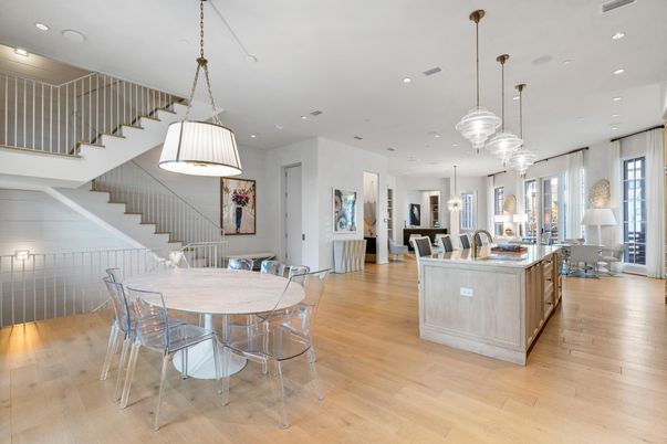 Dining room, Interior, Kitchen, Pendant Lights, Recessed Lighting, Wood Texture Flooring