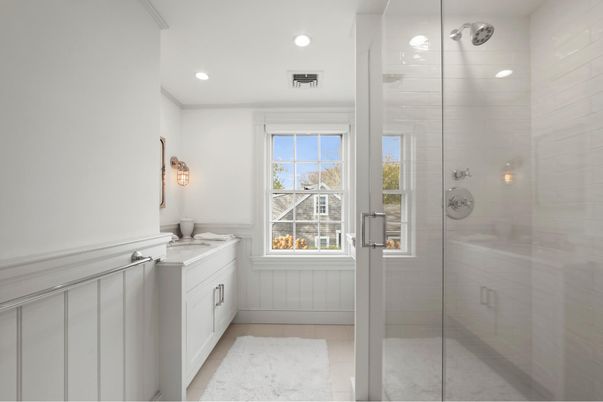 Bathroom, Glass Shower, Interior, Marble, Recessed Lighting