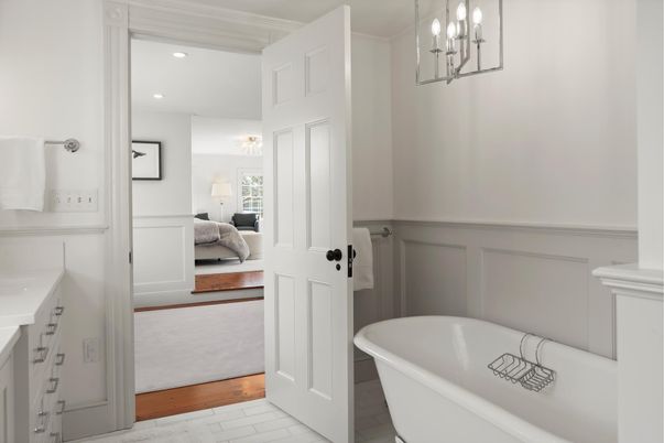 Bathroom, Bedroom, Chandelier, Free Standing Baths, Interior, Marble, Recessed Lighting, Wood Texture Flooring