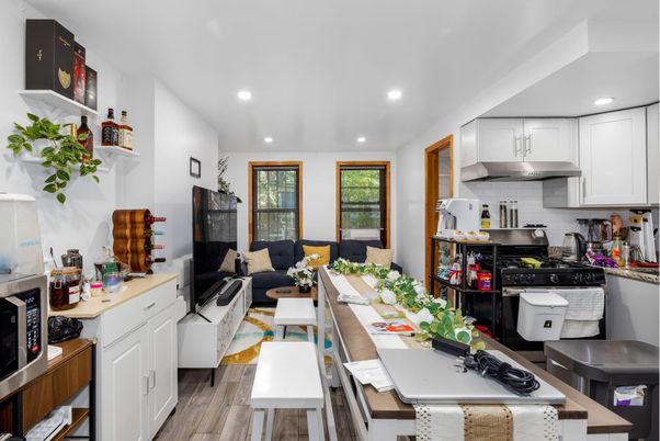 Interior, Kitchen, Living room, Recessed Lighting, Stainless Steel Appliances, Wood Texture Flooring