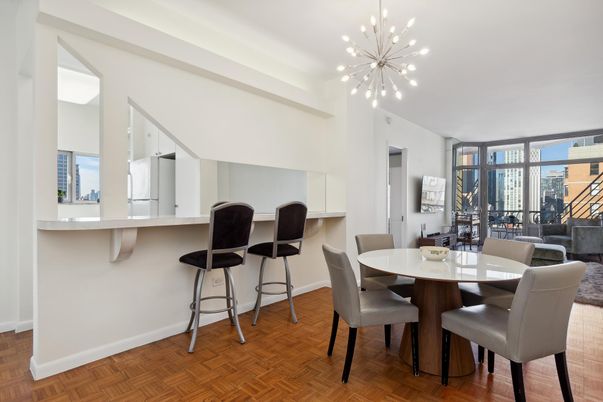 Dining room, Interior, Pendant Lights, Wood Texture Flooring