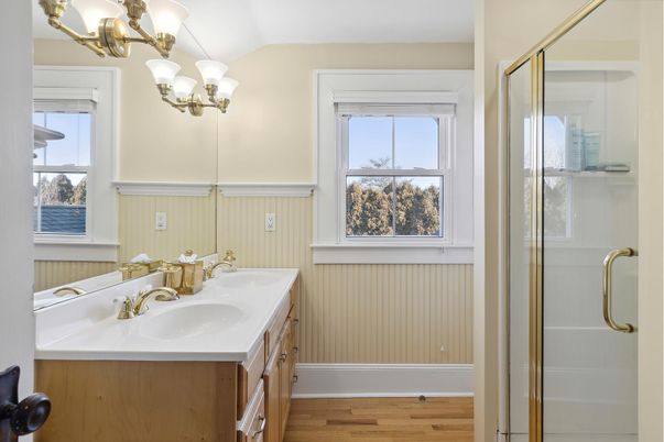 Bathroom, Glass Shower, Interior, Wood Texture Flooring