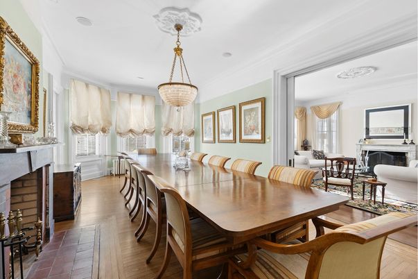 Dining room, Fireplace, Interior, Living room, Pendant Lights, Wood Texture Flooring