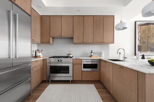 Interior, Kitchen, Pendant Lights, Stainless Steel Appliances, Wood Texture Flooring