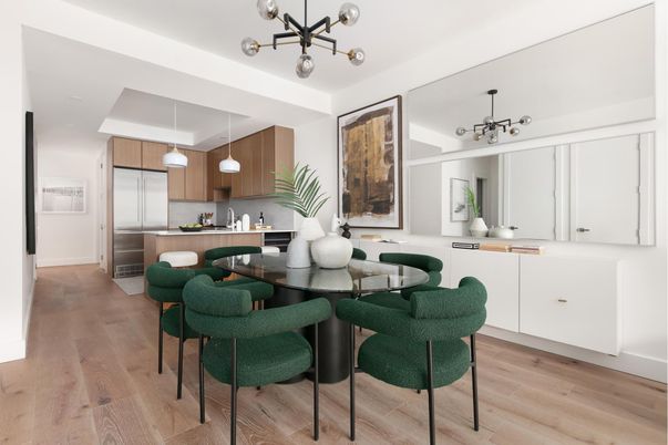 Dining room, Interior, Kitchen, Pendant Lights, Stainless Steel Appliances, Wood Texture Flooring