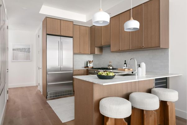 Interior, Kitchen, Pendant Lights, Stainless Steel Appliances, Wood Texture Flooring