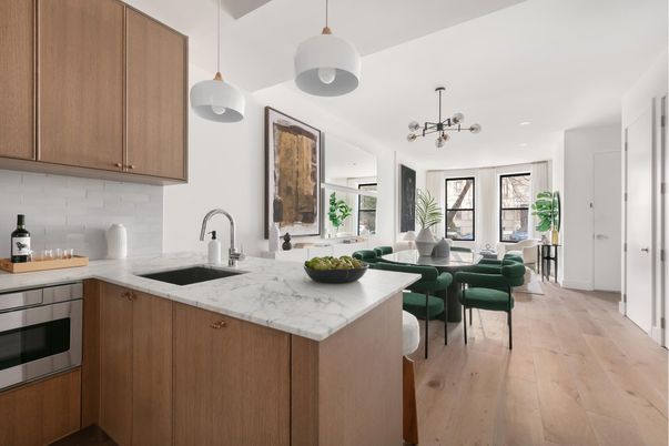 Dining room, Interior, Kitchen, Pendant Lights, Recessed Lighting, Stainless Steel Appliances, Wood Texture Flooring