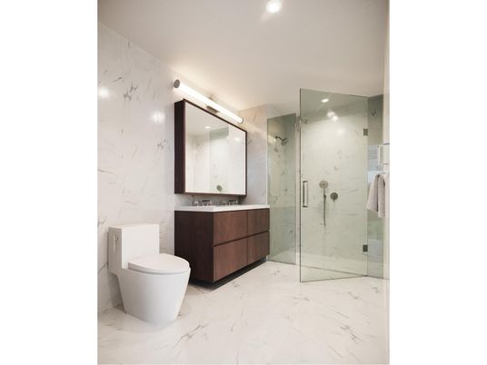 Bathroom, Glass Shower, Interior, Marble, Marble Walls, Recessed Lighting