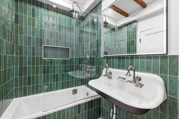 Bathroom, Glass Shower, Interior, Recessed Lighting, Wooden Beams