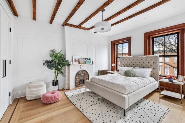 Bedroom, Fireplace, Interior, Pendant Lights, Wooden Beams, Wood Texture Flooring