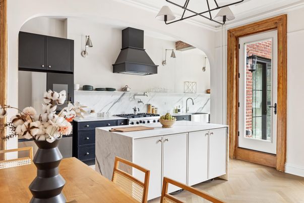 Interior, Kitchen, Marble Walls, Stainless Steel Appliances, Wood Texture Flooring
