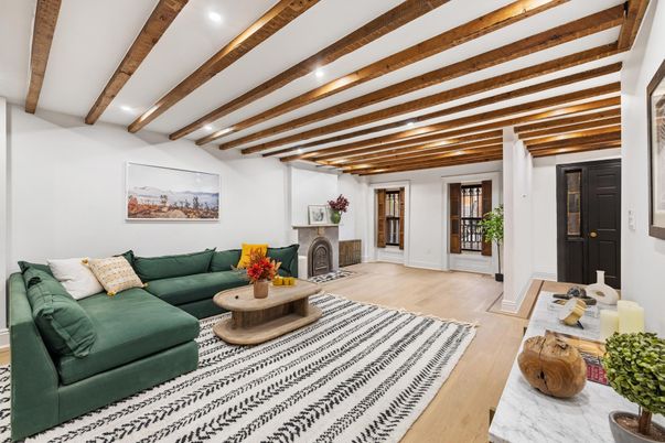 Fireplace, Interior, Living room, Recessed Lighting, Wooden Beams, Wood Texture Flooring