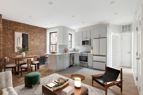 Dining room, Interior, Kitchen, Recessed Lighting, Stainless Steel Appliances, Stone Walls, Wood Texture Flooring