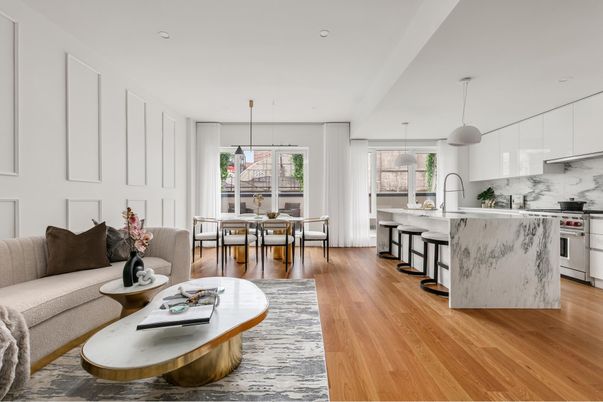 Dining room, Interior, Kitchen, Marble Walls, Pendant Lights, Recessed Lighting, Wood Texture Flooring