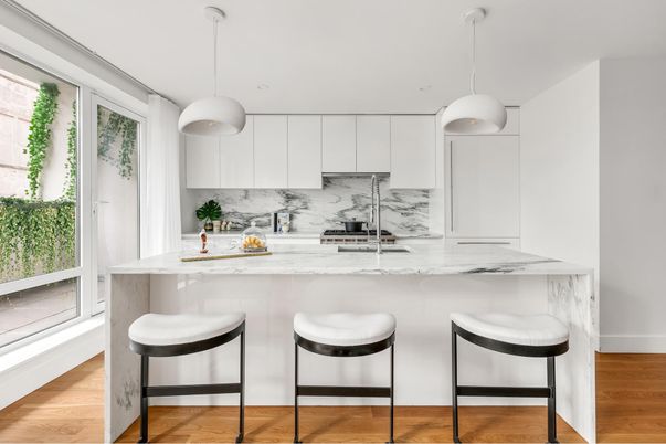 Interior, Kitchen, Marble Walls, Pendant Lights, Wood Texture Flooring