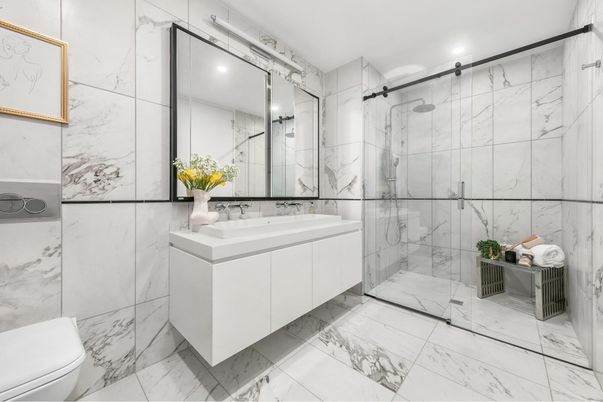 Bathroom, Glass Shower, Interior, Marble, Marble Walls, Recessed Lighting
