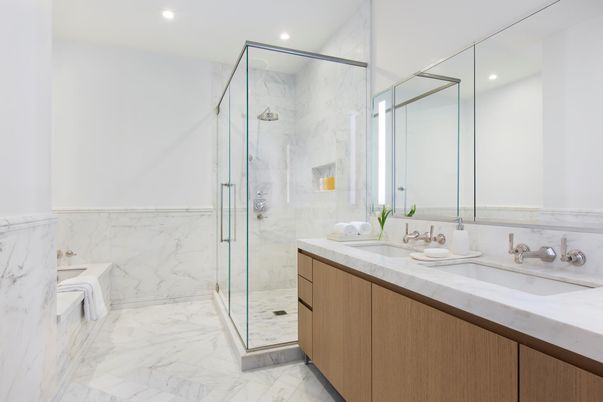 Bathroom, Dual Sink Vanities, Glass Shower, Interior, Marble, Marble Walls, Recessed Lighting