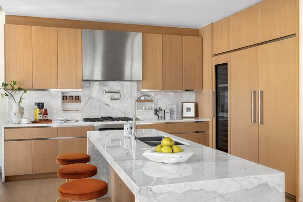Interior, Kitchen, Marble Walls, Stainless Steel Appliances, Wood Texture Flooring