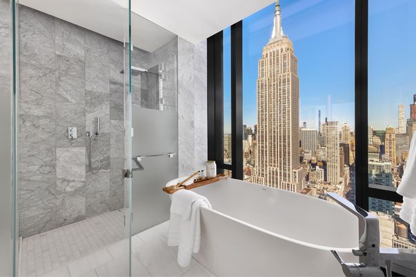 Bathroom, Free Standing Baths, Glass Shower, Interior, Marble, Marble Walls