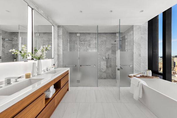 Bathroom, Dual Sink Vanities, Glass Shower, Interior, Marble, Marble Walls, Recessed Lighting