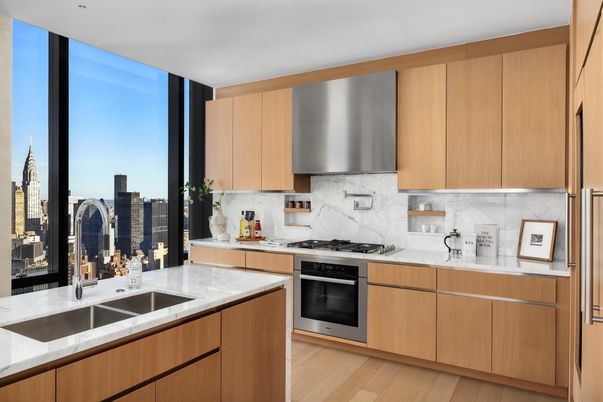 Interior, Kitchen, Marble Walls, Stainless Steel Appliances, Wood Texture Flooring