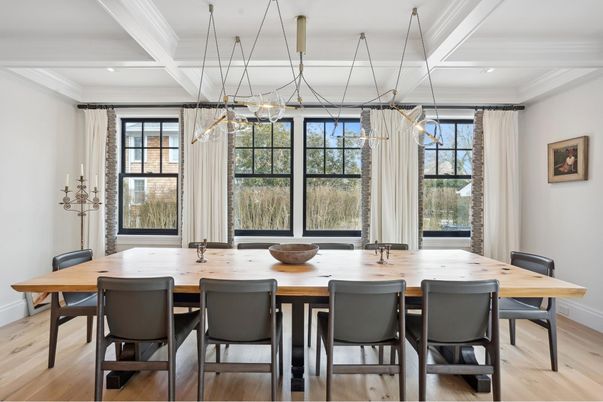 Dining room, Interior, Pendant Lights, Wood Texture Flooring