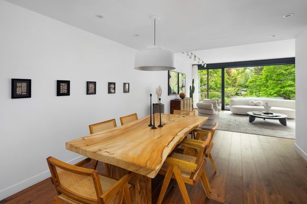 Dining room, Interior, Living room, Pendant Lights, Recessed Lighting, Wood Texture Flooring
