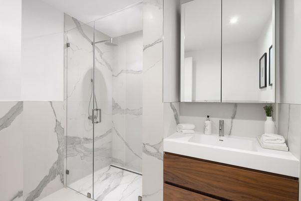 Bathroom, Glass Shower, Interior, Marble, Marble Walls, Recessed Lighting