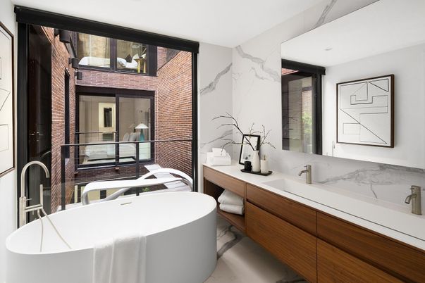 Bathroom, Dual Sink Vanities, Free Standing Baths, Interior, Marble Walls