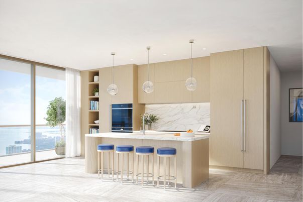 Interior, Kitchen, Marble Walls, Pendant Lights, Recessed Lighting