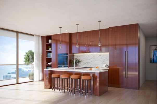 Interior, Kitchen, Marble Walls, Pendant Lights, Water, Wood Texture Flooring