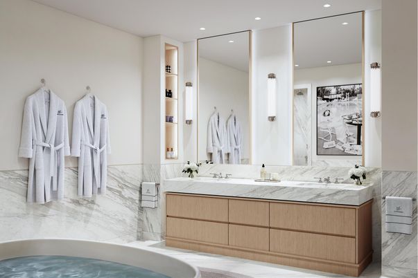 Bathroom, Dual Sink Vanities, Interior, Marble, Recessed Lighting