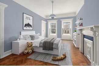 Bedroom, Fireplace, Interior, Pendant Lights, Wood Texture Flooring