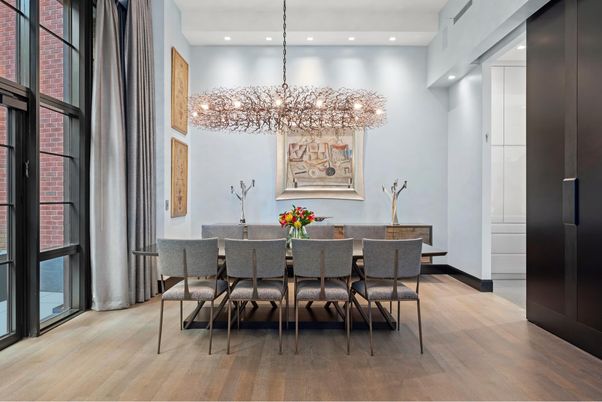 Chandelier, Dining room, Interior, Pendant Lights, Recessed Lighting, Wood Texture Flooring