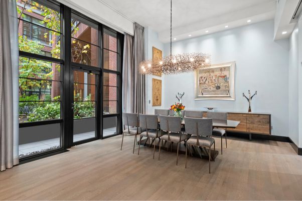 Chandelier, Dining room, Interior, Recessed Lighting, Wood Texture Flooring
