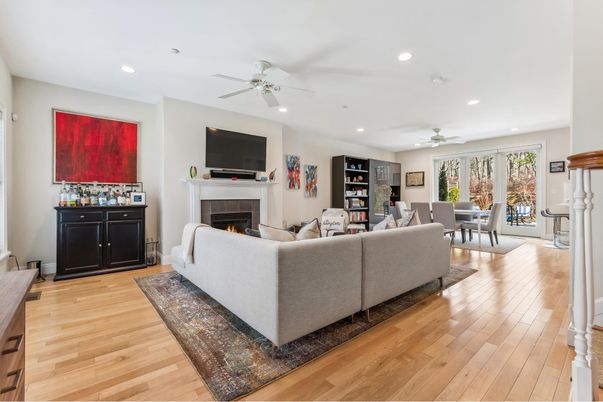 Dining room, Fireplace, Interior, Living room, Recessed Lighting, Wood Texture Flooring