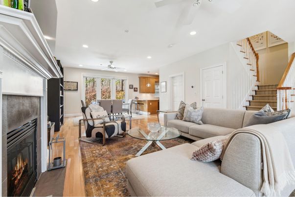 Dining room, Fireplace, Interior, Living room, Recessed Lighting, Wood Texture Flooring
