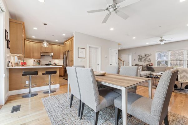 Dining room, Interior, Kitchen, Living room, Recessed Lighting, Wood Texture Flooring