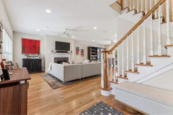 Fireplace, Interior, Living room, Recessed Lighting, Wood Texture Flooring