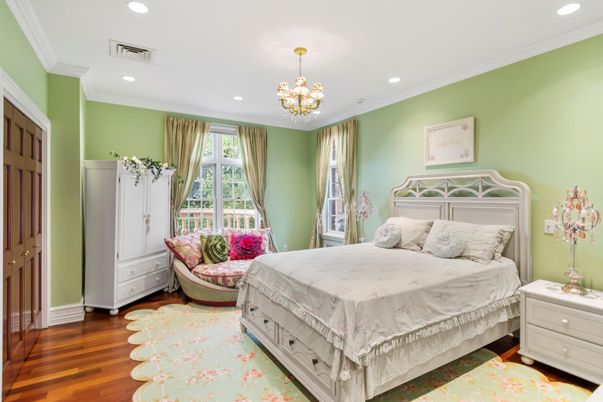 Bedroom, Chandelier, Interior, Recessed Lighting, Wood Texture Flooring