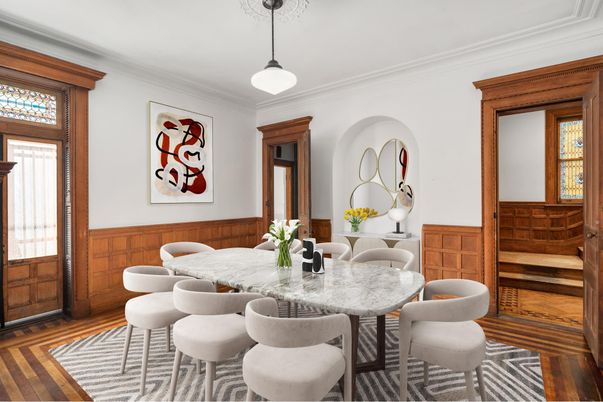Dining room, Interior, Pendant Lights, Wood Texture Flooring