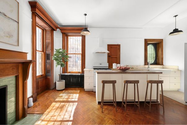 Fireplace, Interior, Kitchen, Pendant Lights, Wood Texture Flooring