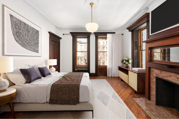 Bedroom, Fireplace, Interior, Wood Texture Flooring