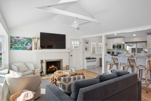 Fireplace, Interior, Kitchen, Living room, Recessed Lighting, Stainless Steel Appliances, Wood Texture Flooring