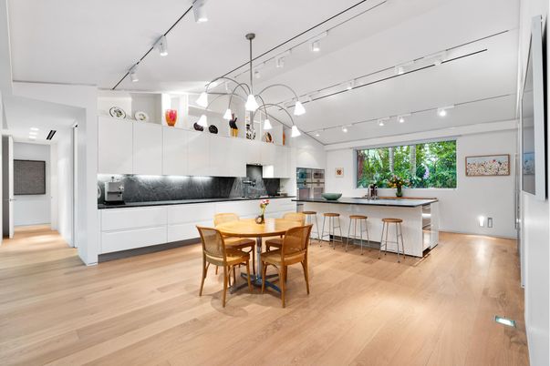 Dining room, Interior, Kitchen, Pendant Lights, Wood Texture Flooring