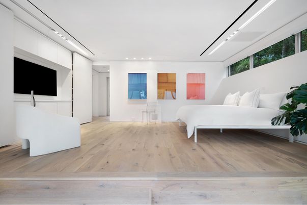 Bedroom, Interior, Recessed Lighting, Wood Texture Flooring