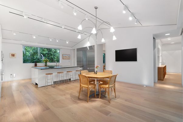 Dining room, Interior, Kitchen, Pendant Lights, Recessed Lighting, Stainless Steel Appliances, Wood Texture Flooring