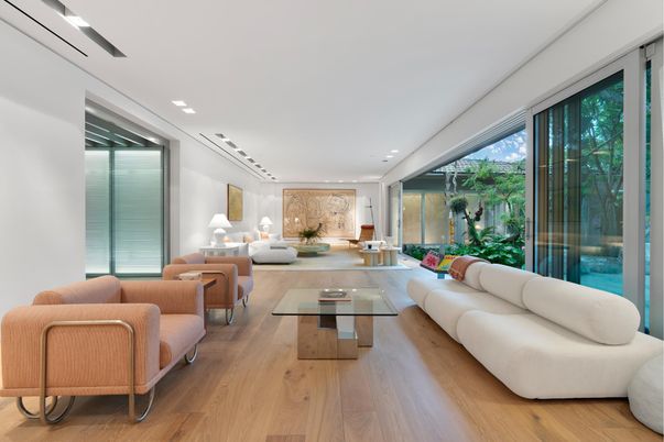 Interior, Living room, Recessed Lighting, Wood Texture Flooring
